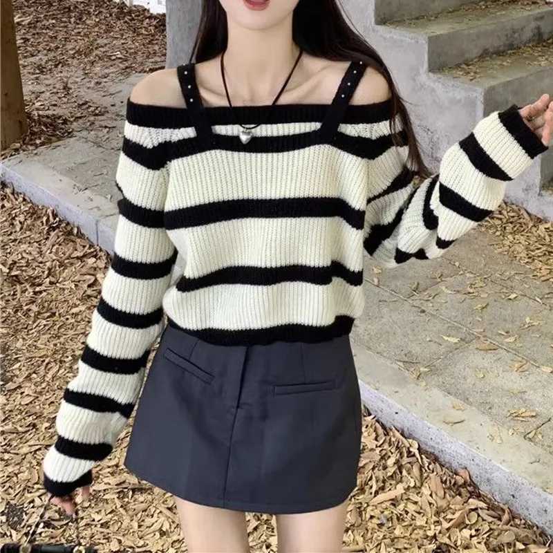 Striped Long Slve Knitted for Women Spring Autumn New Short Styor Contrast Sweater Temperament Strap Off Shoulder Top S2609178TPK