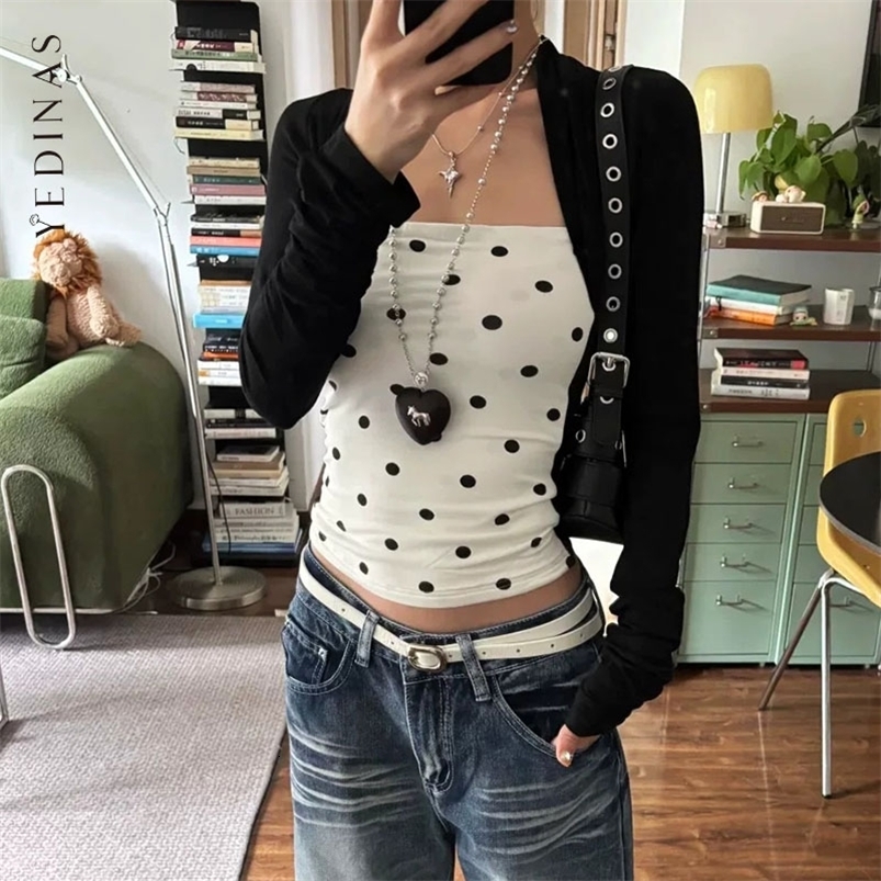 Yedinas Patchwork Dot Two Piece Tops Long Sleeve Womens Tshirt Autumn Tops Korean Fashion Tees Female Clothing Chic Shirt 260916