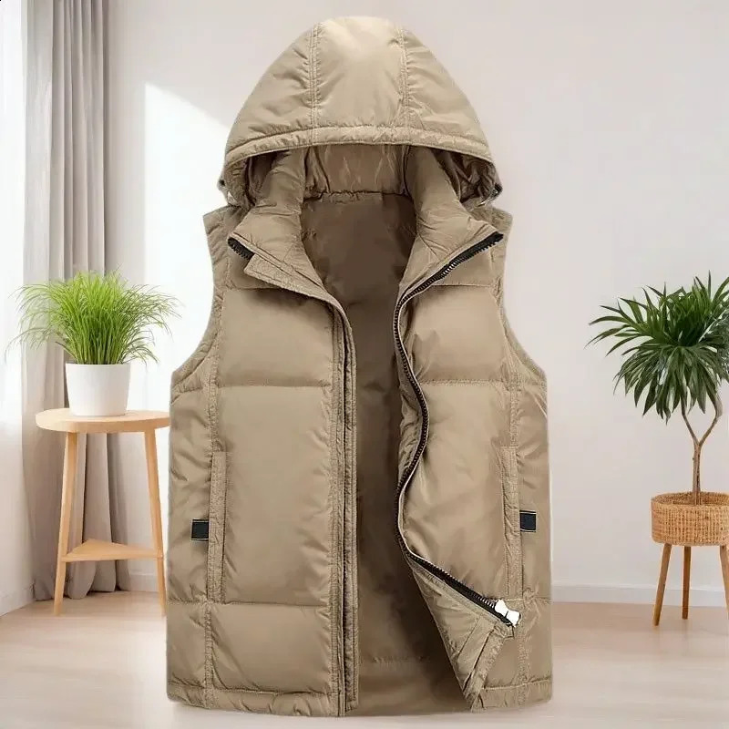 White Duck Down Vest Thickened Men's Women's Hoodie Autumn Winter Home Coat Vest Shoulder Clip Warm Sleeveless Hooded Parkas 260916