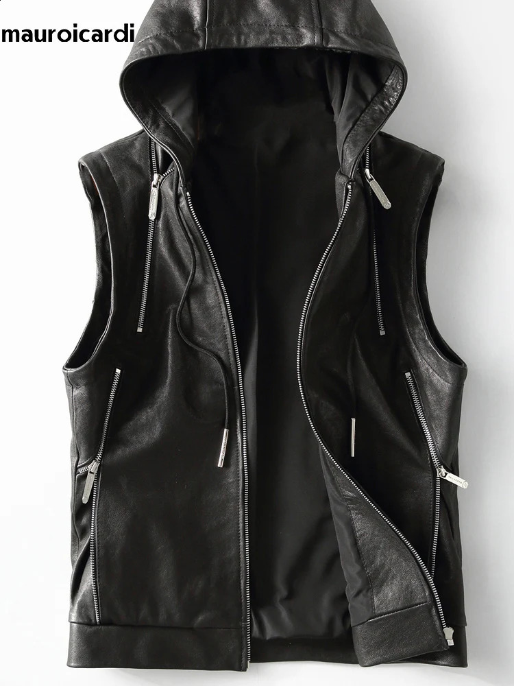Mauroicardi Spring Autumn Elegant Cool Black Pu Leather Vest for Men with Hood Zipper Sleeveless Jacket Men Clothing 260917