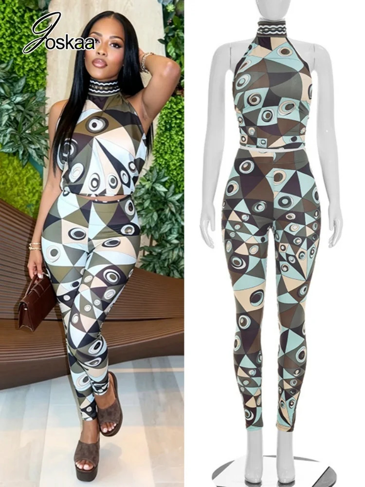 Joskaa Sexy Geometric Eye Print 2 Piece Sets Women Halter Open Back Tie Crop TopHigh Waist Skinny Pants Matching Y2K Streetwear 260917