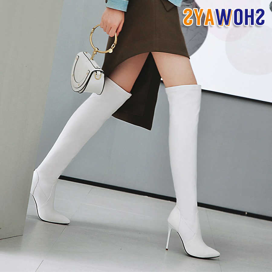 White Slim Women Stretch Thigh High Boots Stiletto Heels Black Pointed Toe Sexy Party Club Ladies Winter Slip-on Over Knee Boots D260917