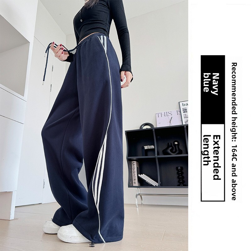 Women's sports pants, striped pants, casual pants, navy blue American style, 2026 spring/summer new, straight leg, high waist, slim fit, wide l