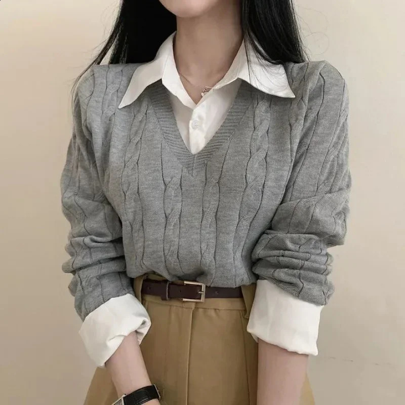 Korean Chic Spring and Autumn AgeReducing Sweaters Retro Temperament Preppy Two Pieces Shirts Twist Knit Women's Y2k Tops 260917