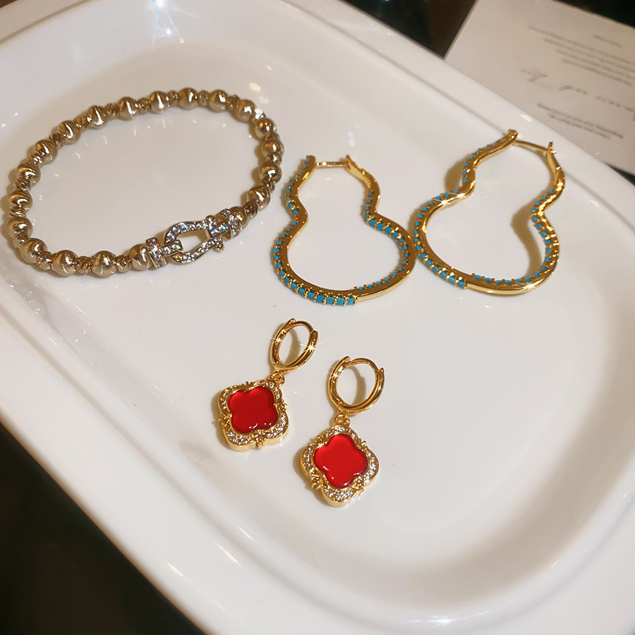 18k gold-plated cubic zirconia gourd flower earrings bracelet, luxurious and elegant jewelry set in a new Chinese style