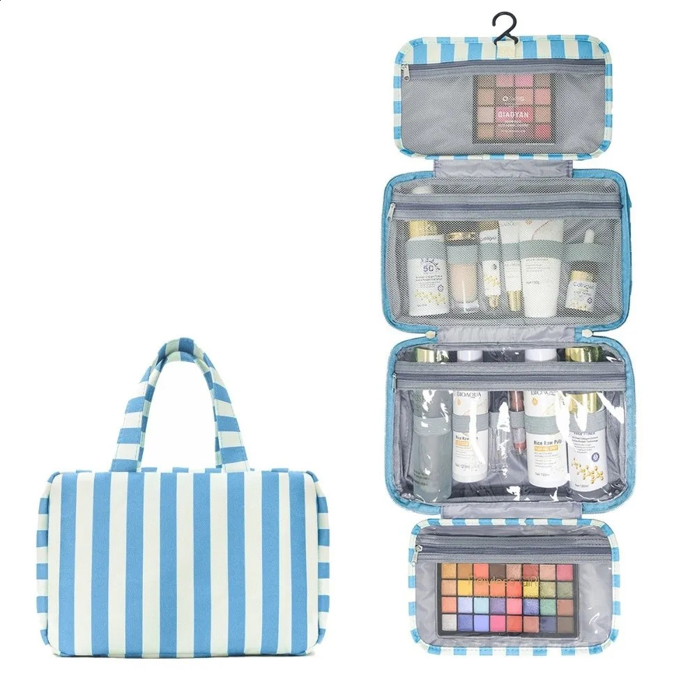 Portable Hanging Travel Toiletry Bag 4-Fold with Hook Makeup Bag Large Capacity Striped Cosmetic Bag Travel 260916