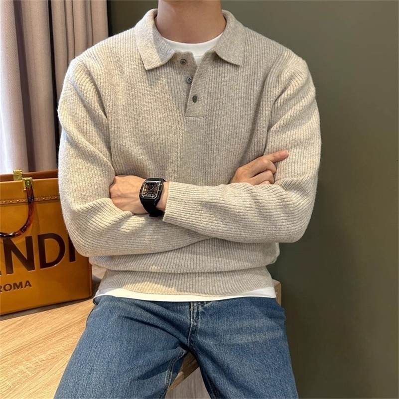 Mens Knit Sweater Autumn Winter Pullover Korean Soft Heavyweight Knit Polo Sweaters Minimalist Long Sleeve Solid Casual Top260915ww