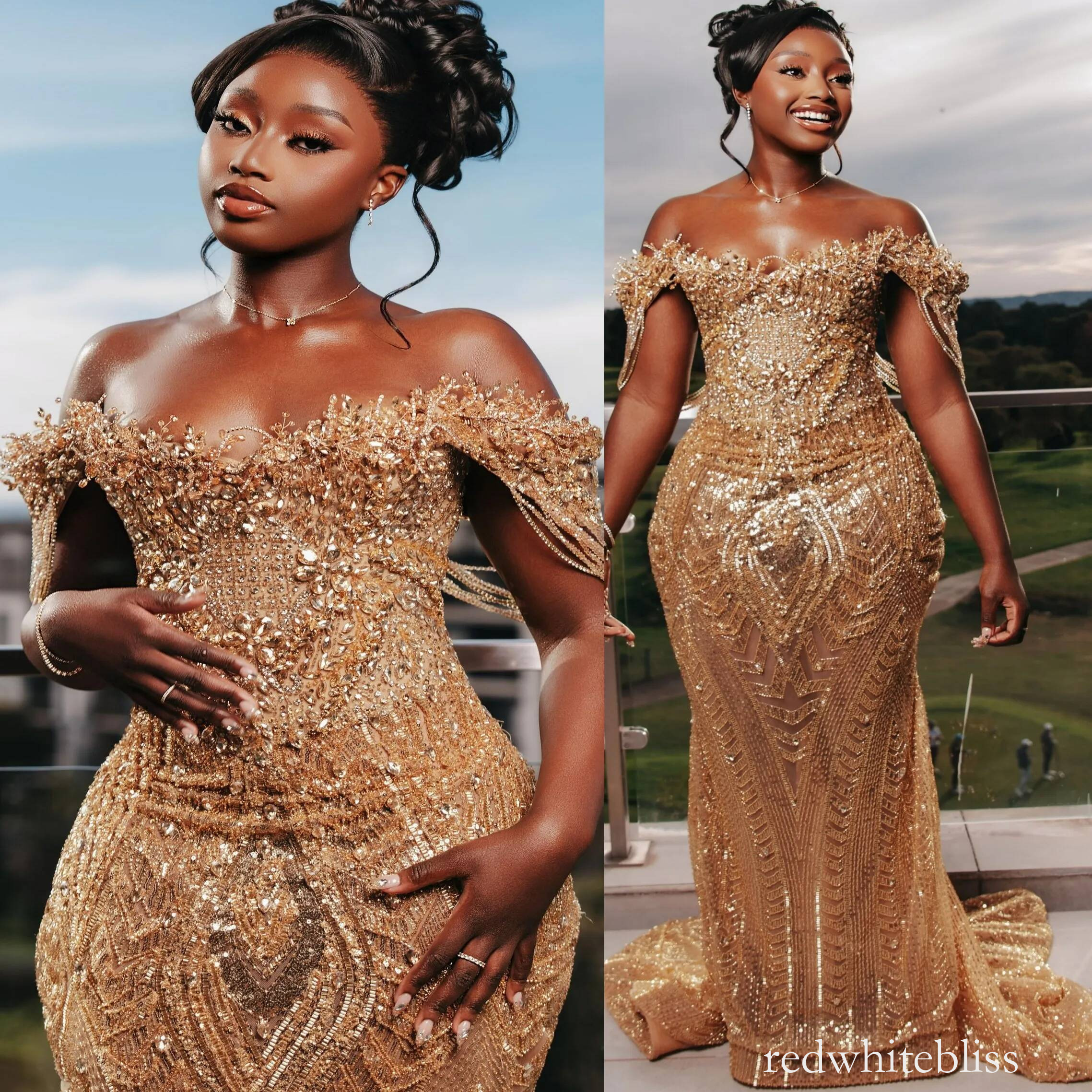 Sparkly Gold Mermaid Prom Dress Beaded Crystals Tassels Evening Dress Aso Ebi Black Women Birthday Party Formal Reception Gowns
