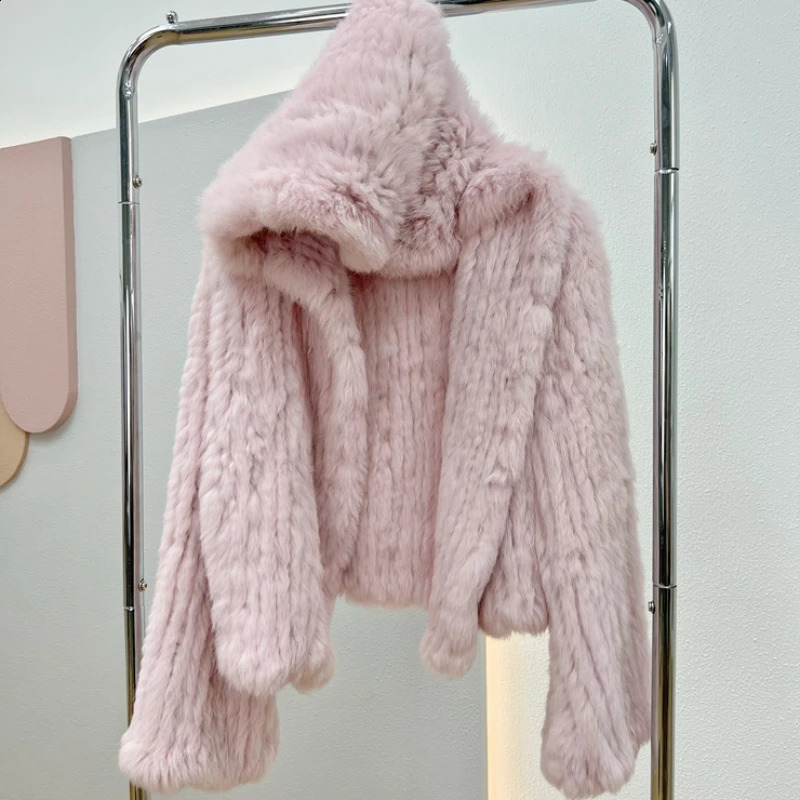 Autumn Winter Women Rabbit Fur Coat 100 Natural Jacket Loose Manual Weave Quality Streetwear Hooded Flare Sleeves 260917