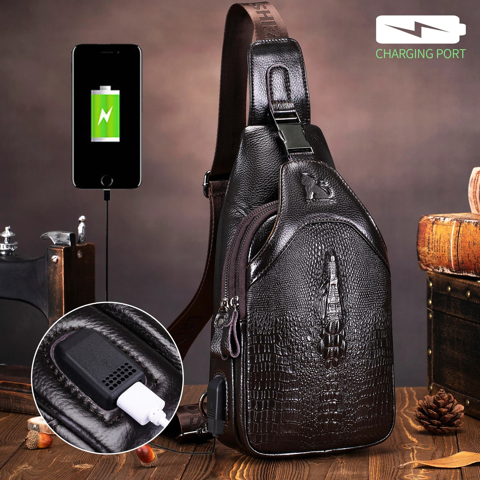 2025 Men's Bag 100 Genuine Leather Chest High Quality Pattern Shoulder Large Capacity Crossbody Bags 260917