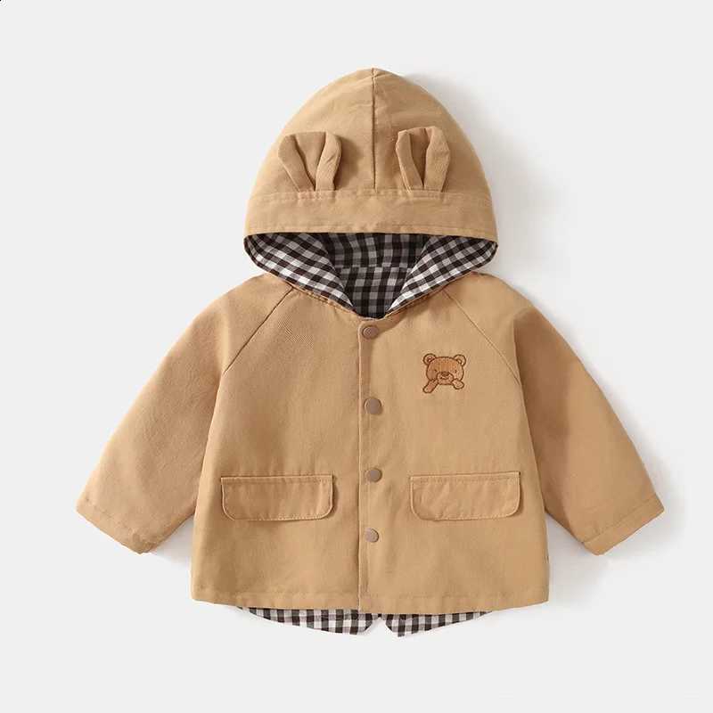 Autumn Baby Spring Boys Girls Coat Hoodie Button Jacket Embroidery Cartoon Bear Plaid Toddler OutfitT260916