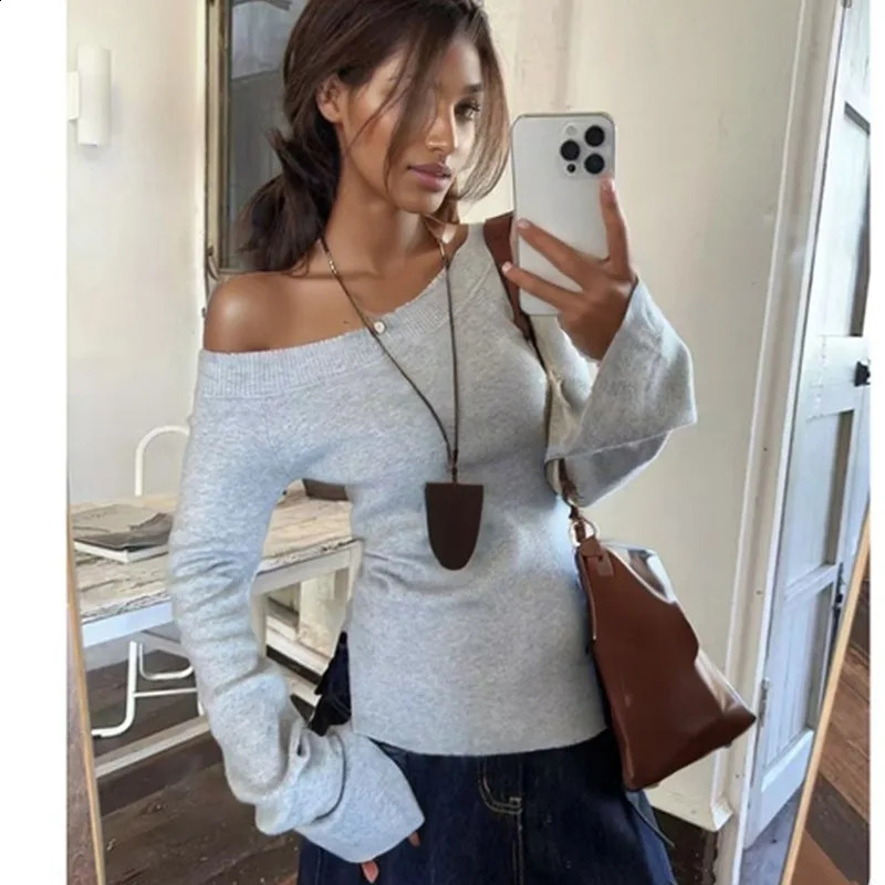 Elegant Long Sleeve Off-the-shoulder Knitted Sweater Women Pullover Bottoming Shirt Autumn Casual Office Simple Slim Fit Tops 260916