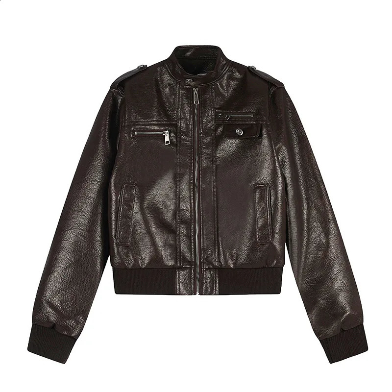 IEFB Loose Cropped Stand Collar Faux Leather Jacket For Men Women Multi Zip Pocket Vintage Biker Coat Sweet Cool Autumn Top 4037 260917
