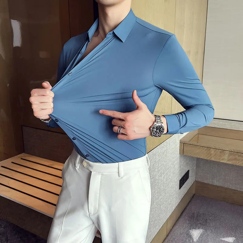 Men's Ultra Stretch Seamless Long Sleeve Shirt Top Quality Business Casual Breathable Stretchable Solid Color Formal Dress Shirt 260916