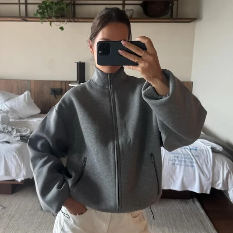 Vintage High Neck Full Zip Sweatshirt Women Loose Baggy Long Sleeve Zip Pockets Soft Fleece Jacket Cozy Casual Sports Outer Coat 260917