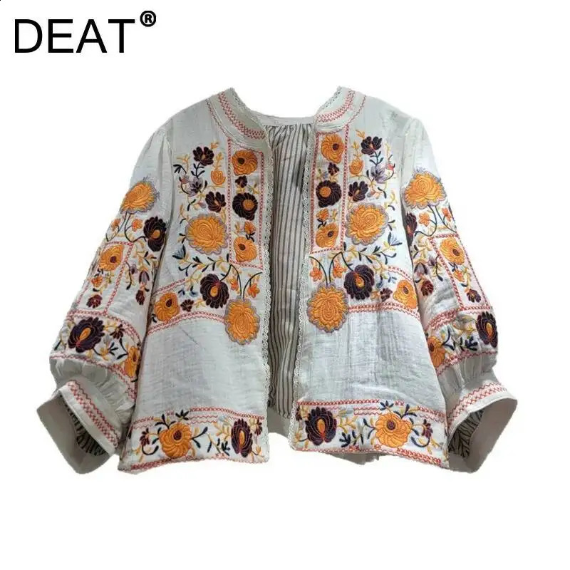DEAT Womens Linencotton Coat Patchwork Lace Flower Embroidery Long Sleeve Casual Jackets 2026 Summer Fashion 29A8358 260917