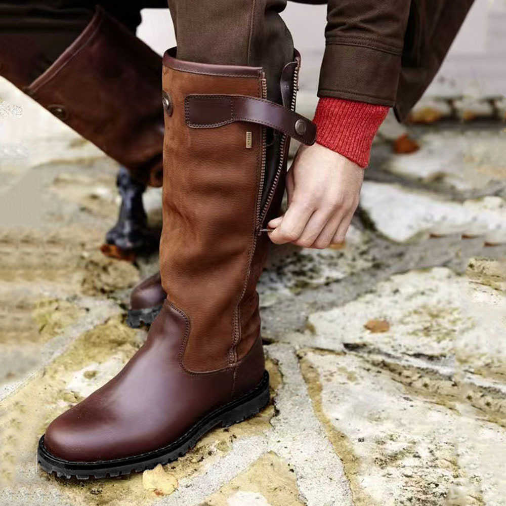 Round Plus Vintage Size 48 Toe Riding Boots for Women Chunky Heel Metal Strap Side Zipper Equestrian Knee High Boots D260917
