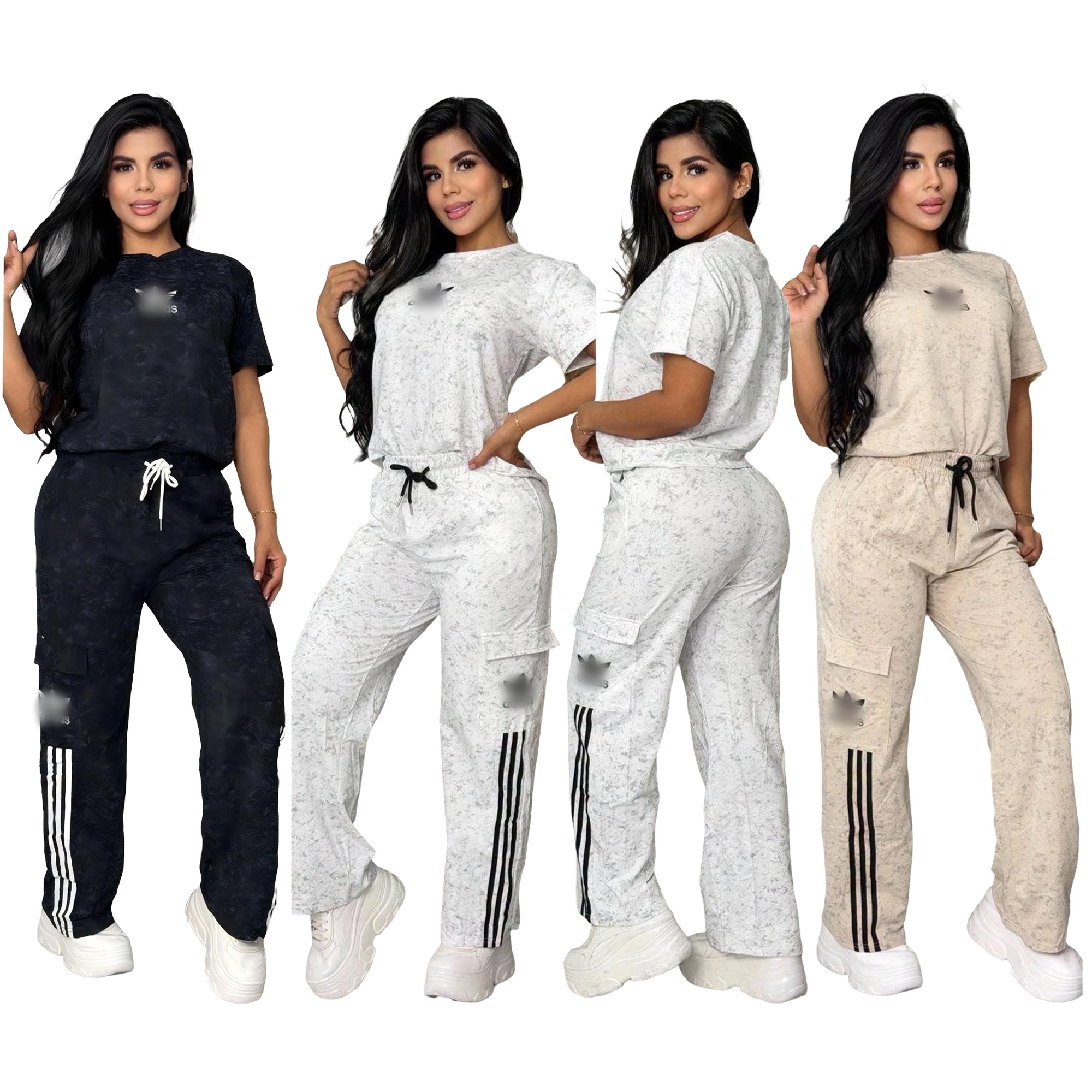 Women Tie Dye 2 Piece Outfit, Short Sleeve Crew Neck T-shirt & Side 3 Striped Cargo Wide Leg Pants Casual Matching Tracksuit Set