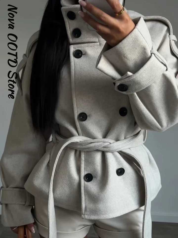 Women's Woolen Elegant Coats Autumn Winter Solid Stand Neck Lace Up Tie Waist Cropped Jacket With Belt New Chic Clothes 2026 C260917