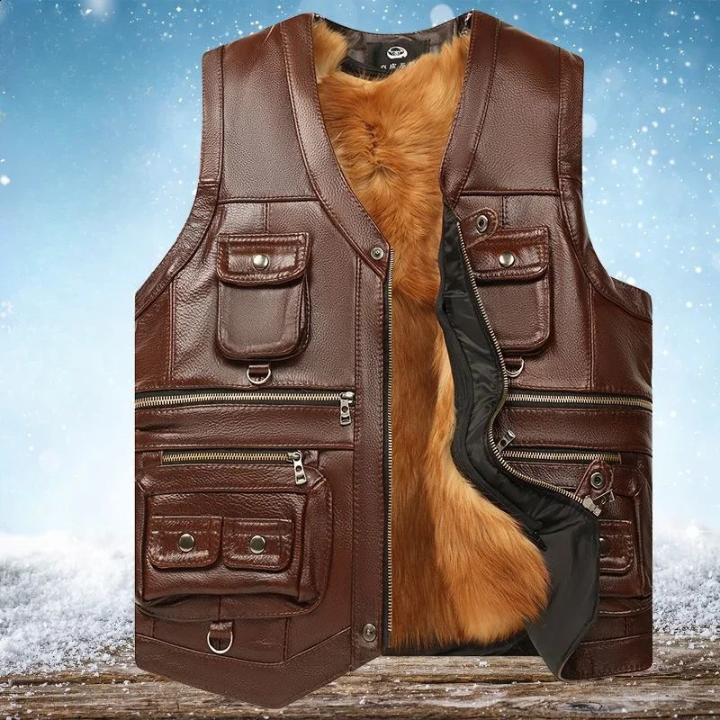 Women Autumn Winter Genuine Leather Vest Men Pocket Middle-aged Waistcoat Male Thick Fleece Sleeveless Coats D351 260916