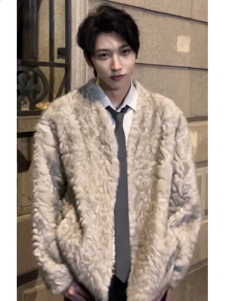 Neck Men's Winter Fur-lined V Faux Fur Coat Thickened Cotton-padded Warm Insulated Jacket Stylish Outerwear Chic Parkas W260915