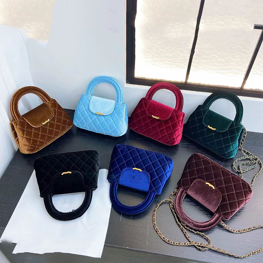Ladies Retro Velvet Quilted Mini Purse Diamond Stitching Top Handle Handbag Detachable Metal Chain Crossbody Bag Multiple Colors Available