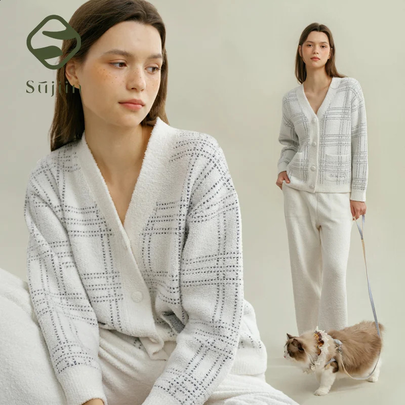 SUJIIN Women 2 Piece Outfits Pajamas Set Autumn Winter Casual Sleepwear Woman Striped Cardigan Tops Trousers Loungewear SH006 260916