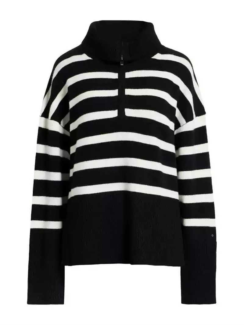Black White Stripes Women Half Zipper Sweater Autumn Winter Turn-Down Collar Female Casual Jumper Preppy Style S26091747BM