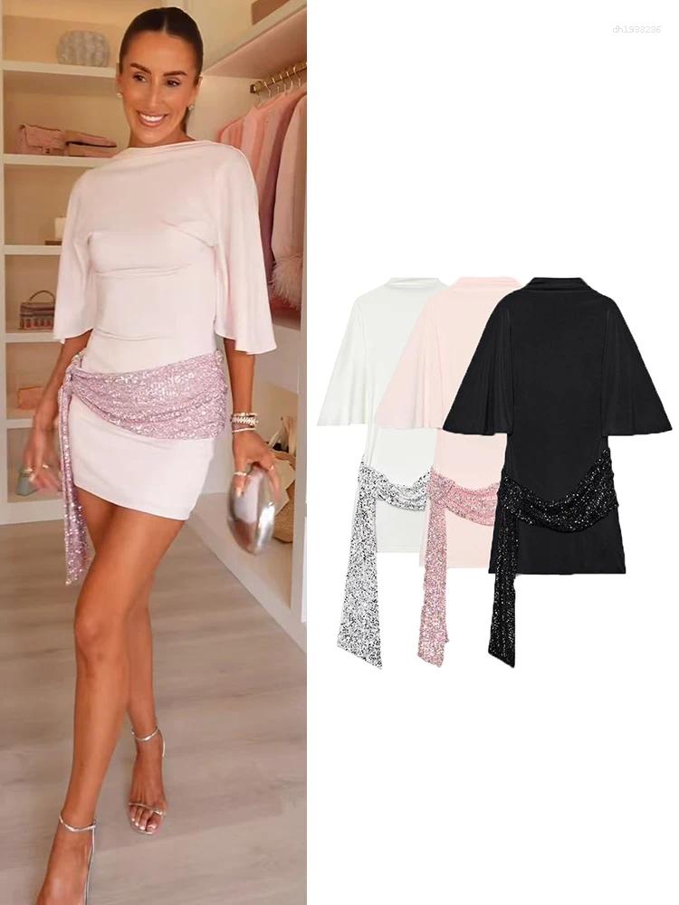 Women Sequin Patchwork Dress Elegant Wide Sleeve Backless Mini Dresses Fashion Evening Party Slim Lady Outfits