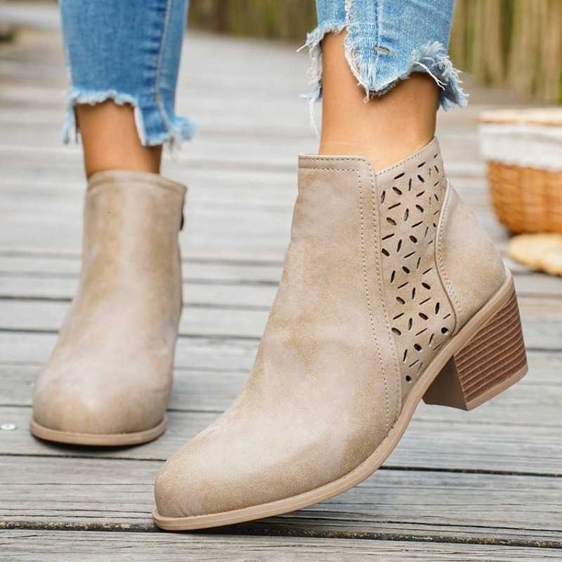 Women'S Ankle Boots Thick Heel Side Zipper Shoes fa1 Leather Short Barrel Hollow Boots Botas Mujer D260917
