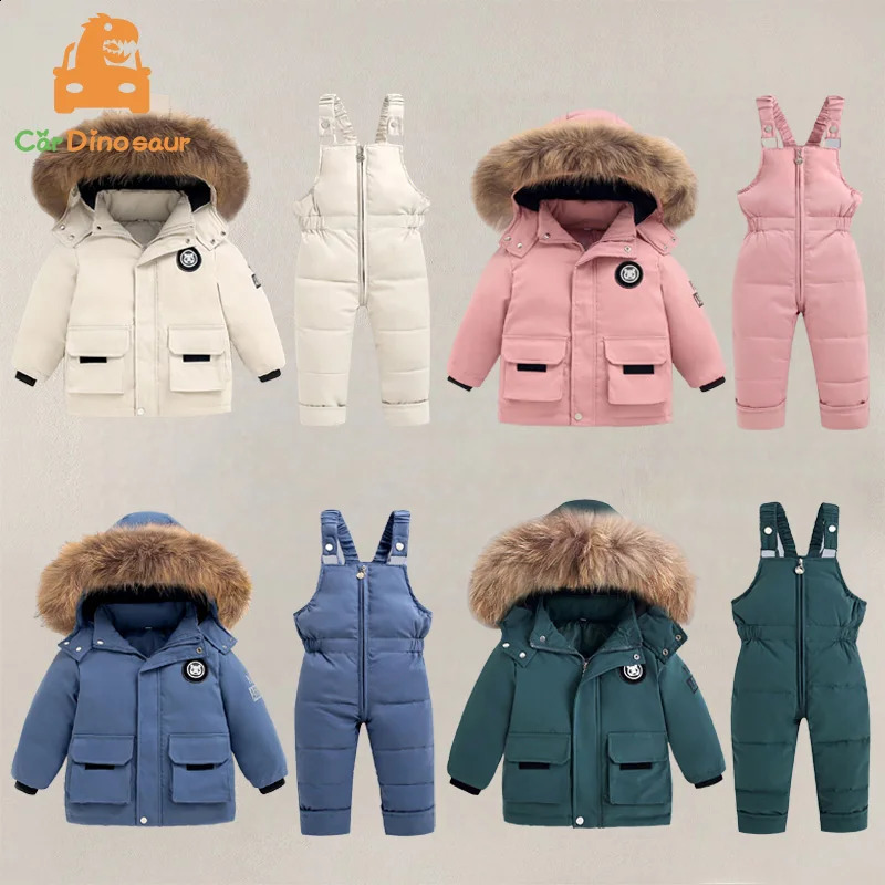Snow Winter Warm 2 3 4 5 6 Year Children Baby Thicken Fur Hooded JacketOveralls Suit 2Pcs Duck Down Set for Kids Girls Boys260916
