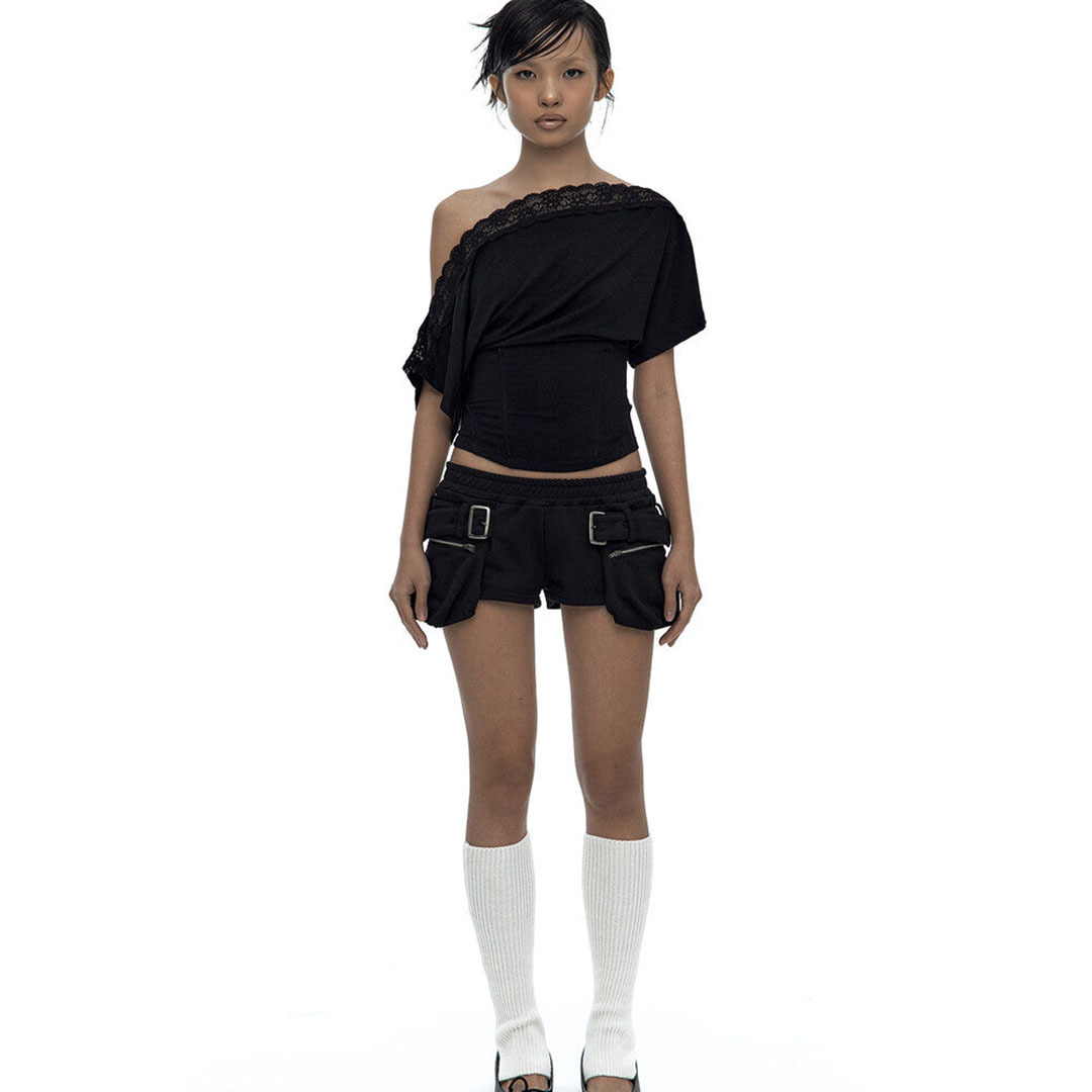 Lace-trimmed, off-the-shoulder, short, figure-hugging, waist-cinching top with seductive and alluring style, perfect as a short undershirt for women