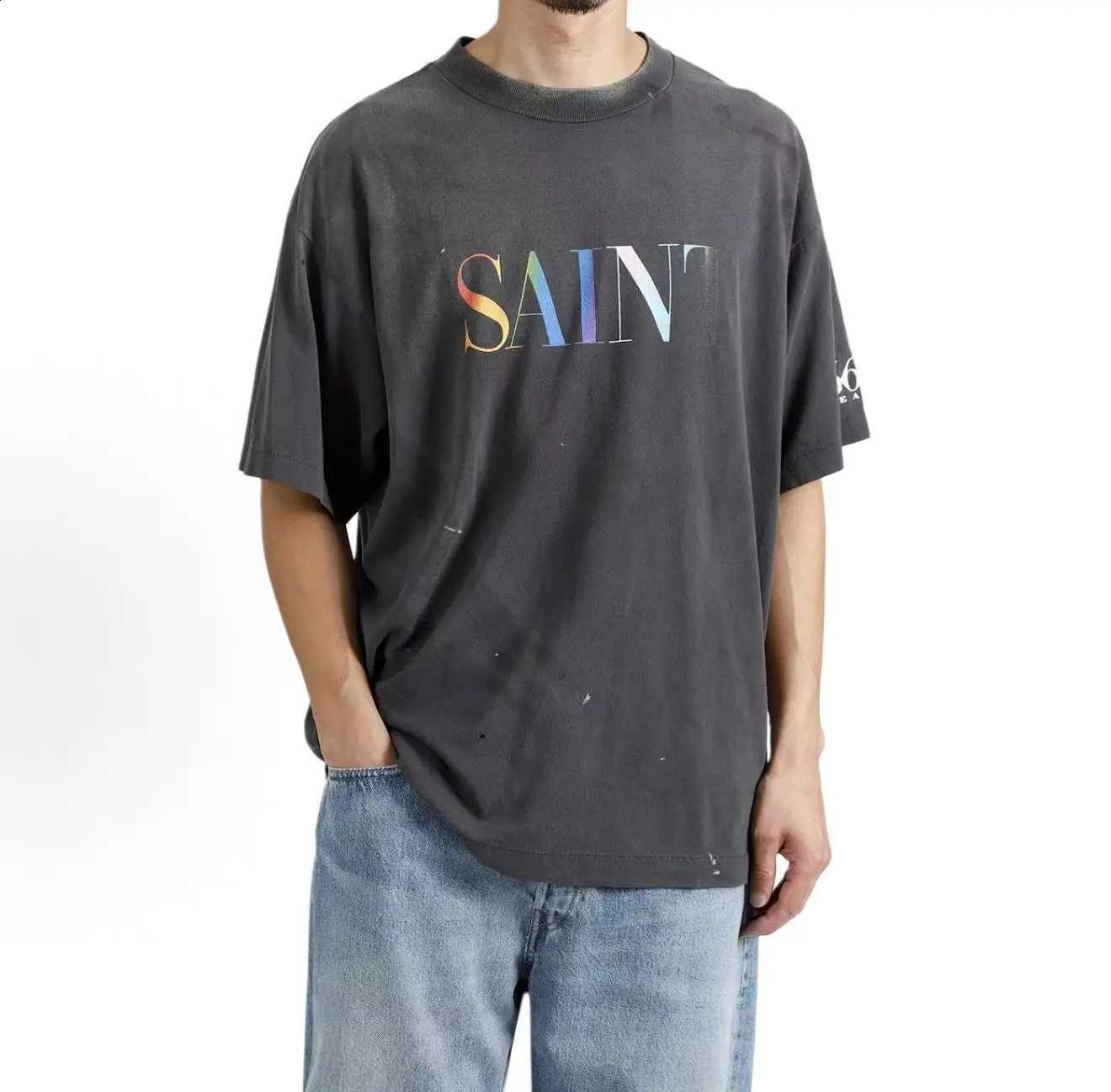 2026 Summer New Saint Of Michael Print High Street Vintage Washed T-Shirt Print Beading Oversized Short Sleeve Tee For Men X260916