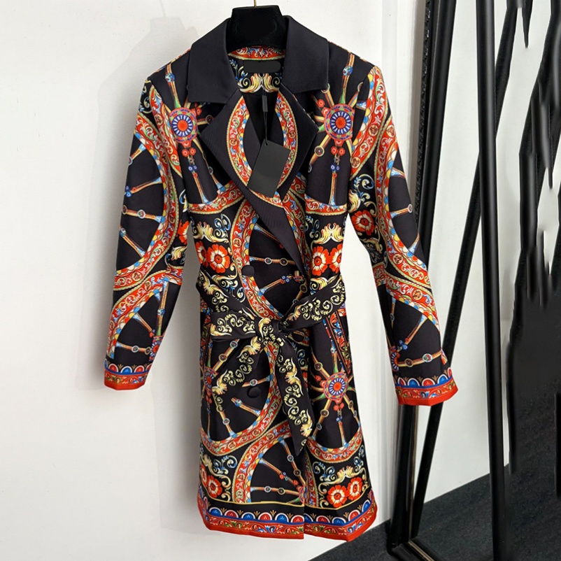 Vintage Carriage Wheel Print Blazer Coat Luxury Women Belted Waist Long Sleeve Lapel Shirt Dress Streetwear Suit Jacket