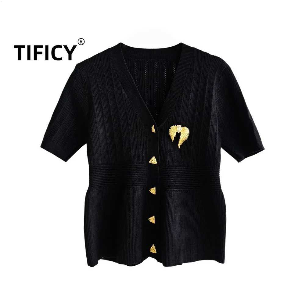 Socialite High Street French Waist Cinched V-neck Short Sleeved Knitted Cardigan Women's Metal Buckle Hollowed Out Top J260916