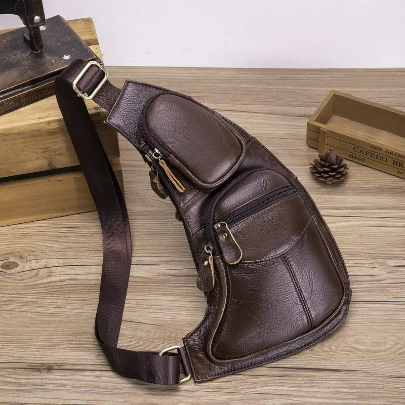 Men's Genuine Leather Crossbody Chest Bag Vintage Style MultiPocket Large Capacity Crescent Shape Outdoor Travel Sling 260917