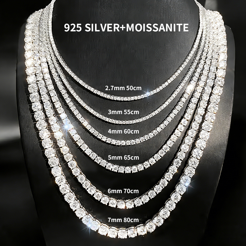 Kirin Pass Test Custom Hip Hop D VVS Moissanite 925 Silver Tennis Chain Wholesales 2.7mm 3mm 4mm 5mm ODM OEM Moissanite Necklace