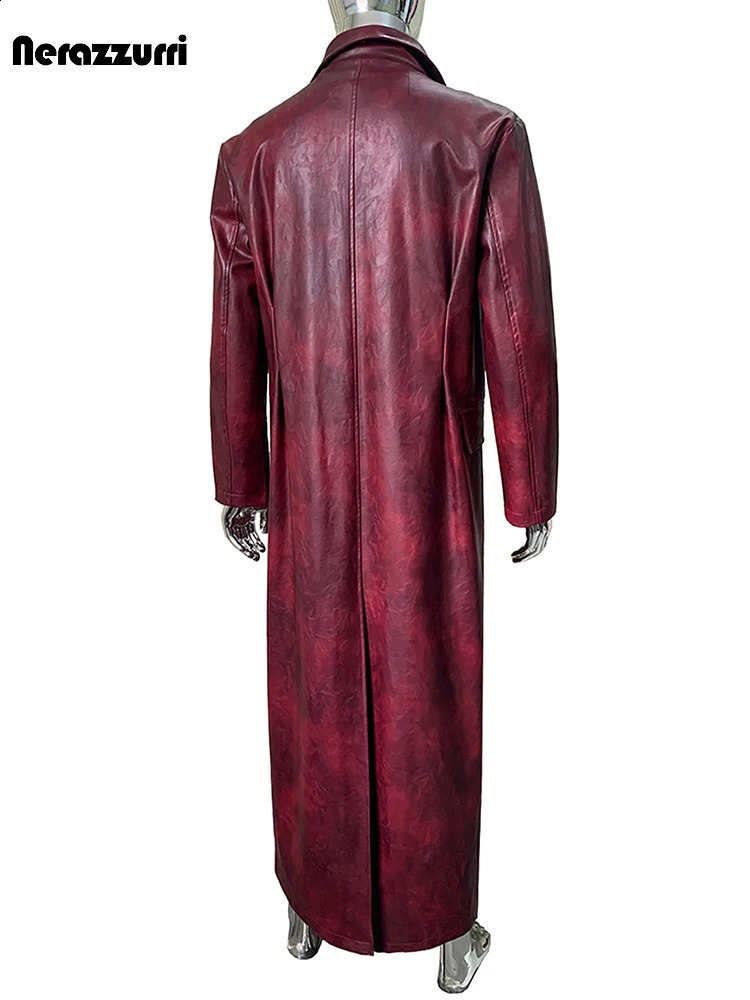 Nerazzurri Spring Autumn Long Distressed Fitted Pu Leather Trench Coat for Men y Chic Faux Overcoat 2026 260916