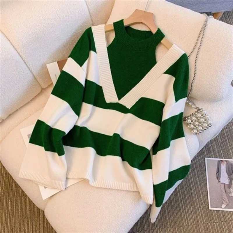 Pullover Knitted Ladies Oversized Fake Two-Piece Halter Cutout Design Green White Stripe V Neck Long Sleeve Loose Knit Sweater J260916
