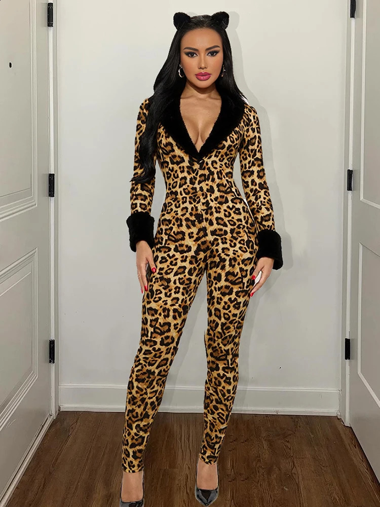 Nibber Leopard Print Jumpsuits Woman Sexy Fashion Furry LowNeck Full Sleeve Skinny High Waist Midnight Party Style Overalls 260917