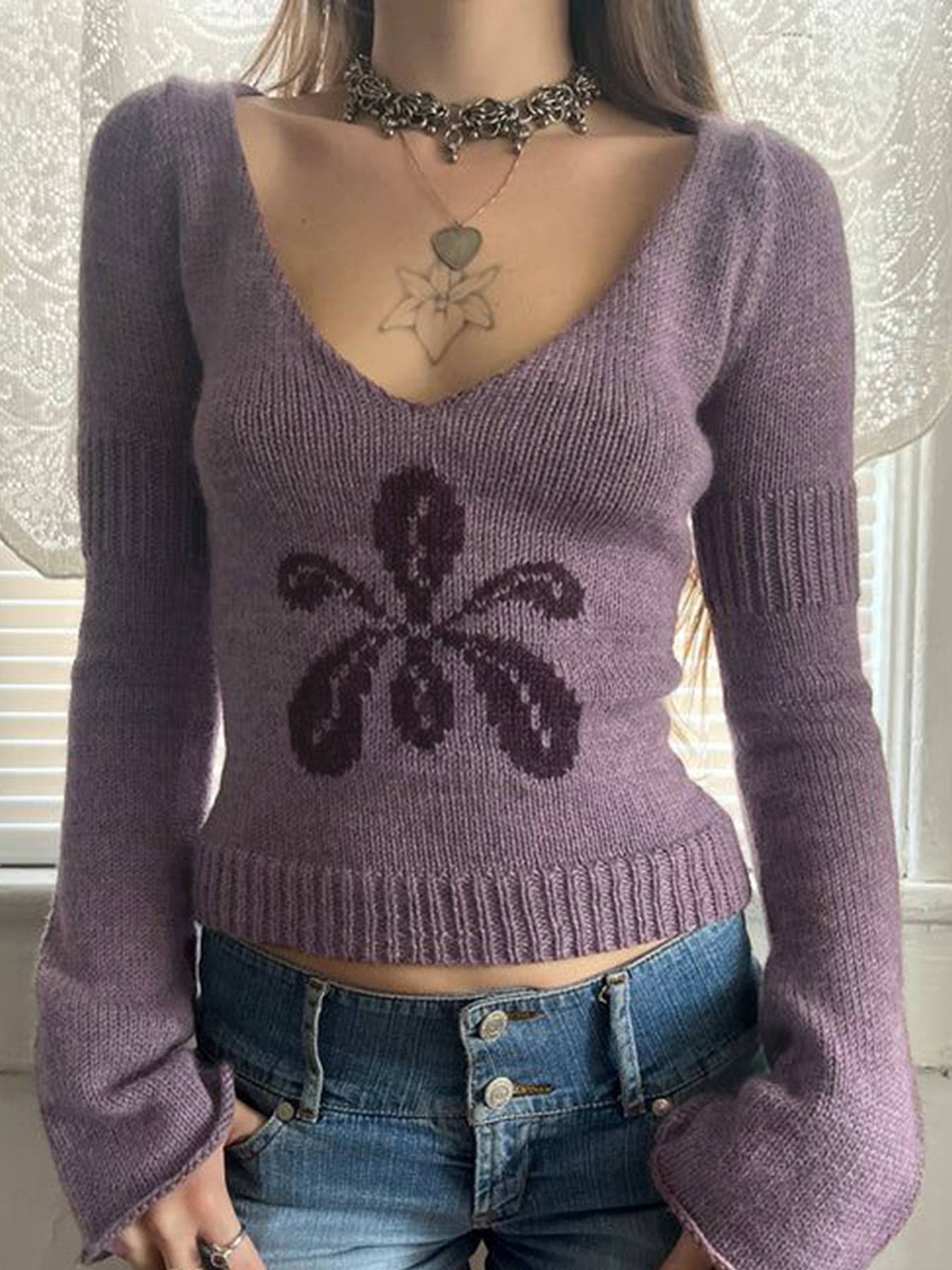 European and American retro sexy hot girl purple V-neck floral slim-fit sweater for women, casual long-sleeved style 5b