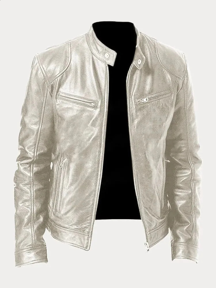 Fashion Men Stand Collar Motorcycle Leather Jackets Multipockets Casual PU Coats Male Slim Fit S9XL 260916