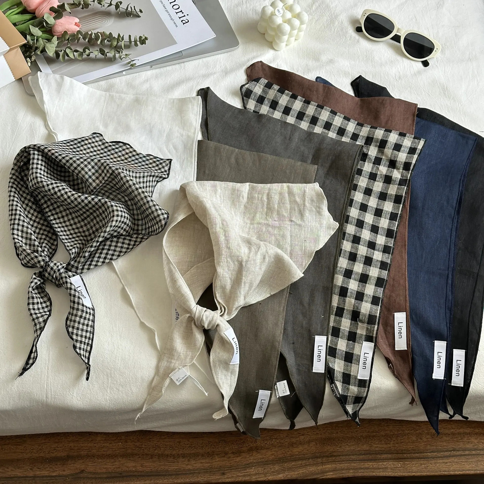 Silk Scarf Solid 100% Linen Comfortable Breathable Mori Style Thin Neck Protection Spring and Autumn Triangular Binder 260916