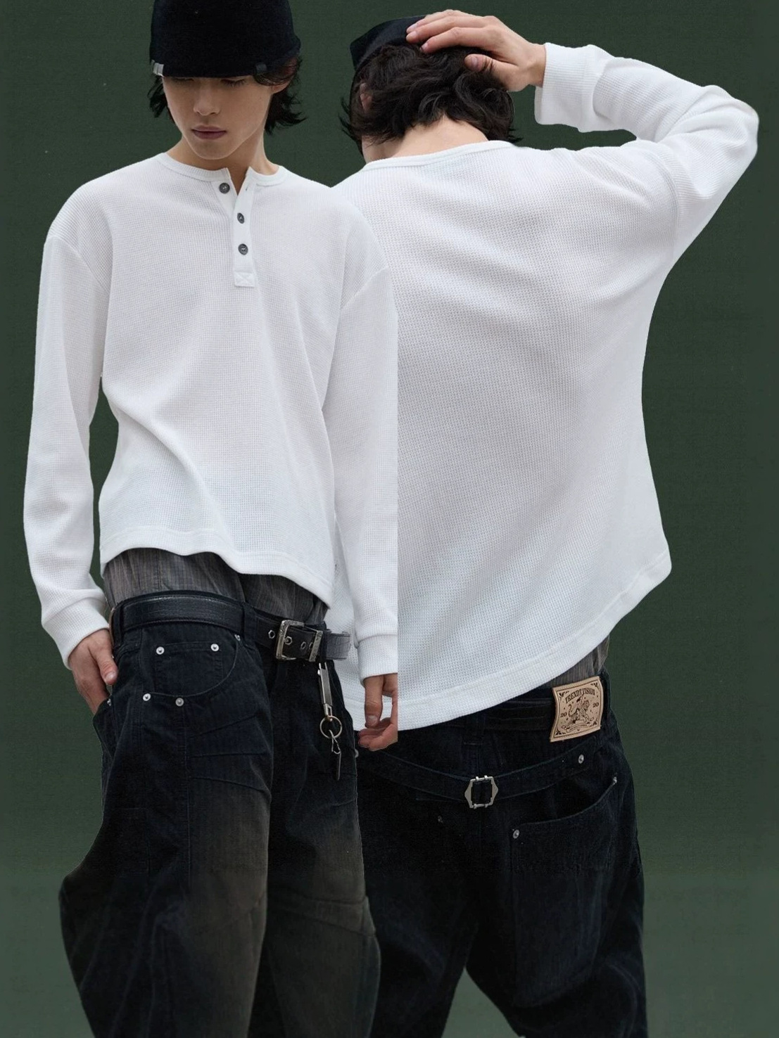 Cross-border waffle knit long-sleeve T-shirt for men, autumn/winter American retro Henley collar, loose-fit casual undershirt, INS style eb