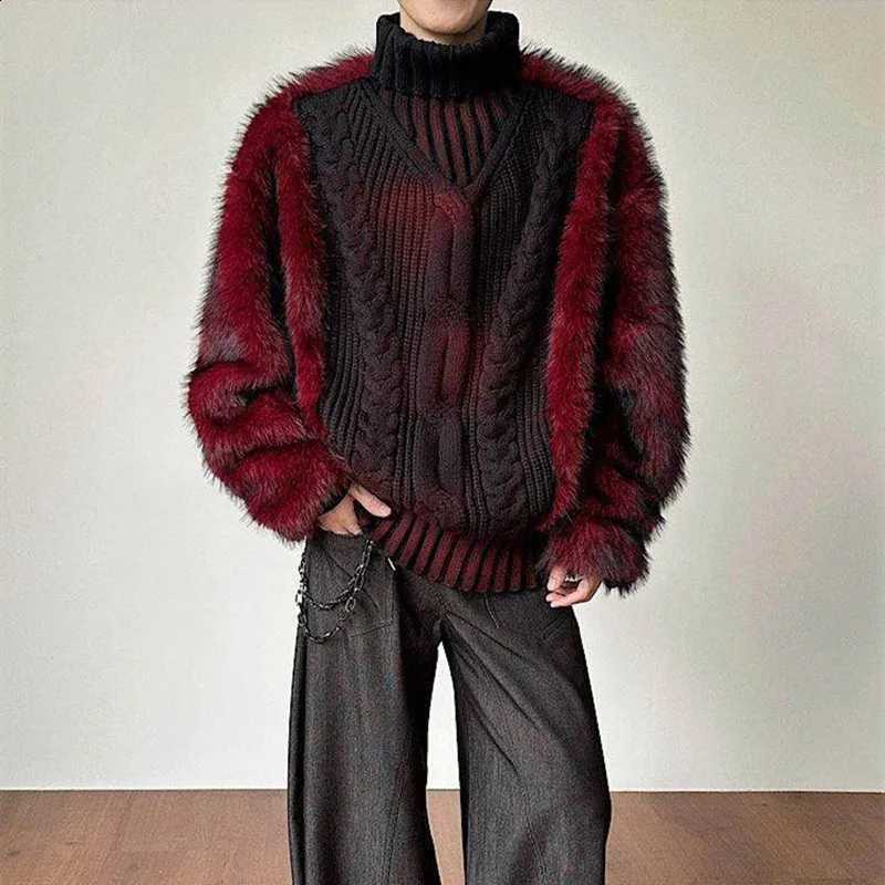 Spliced Warm Winter Fur Thicken Sweater Man Woman Vintage Oversized Cable-kint Furry Turtleneck Pullover Red Black J260916