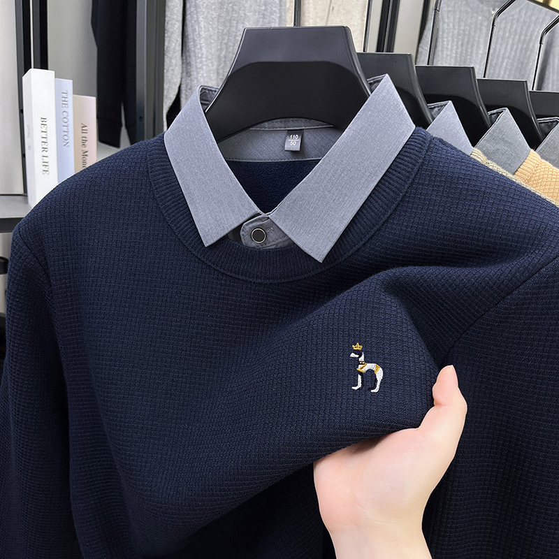 Luxury wool fake two-piece sweater high-end brand exquisite embroidery comfort texture casual pullover trend lapel men's wear J260917