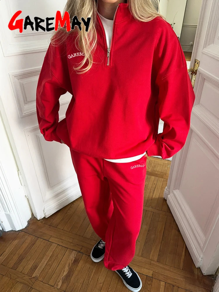 Spring Red Womens Tracksuit with Zipper Cotton Oversize Classic Two Piece Set Women Casual Yellow Trouser Suits for Women 2026 260917
