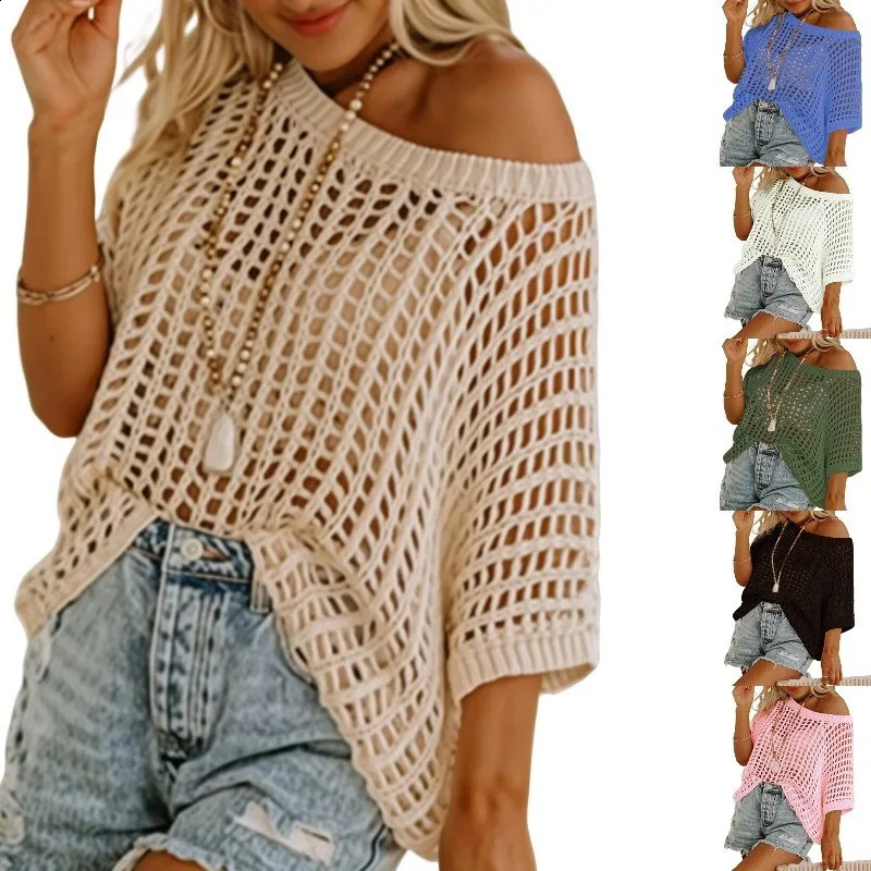 Summer Sexy Hollowed-out Pullover Top Mid Sleeves Off-the-shoulder Beach Blouse Knitted Sweater Women Beach Seaside Vacation 260916