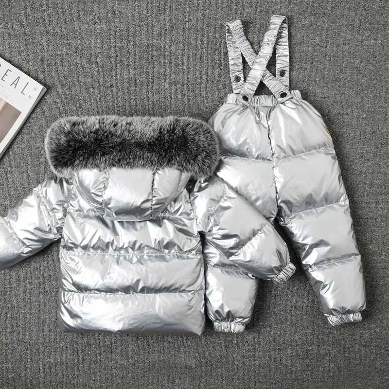 Children New Winter Down Thicker Jacket Overall Suit Big Real Fur Collar Kids Ski Suit Boys Girls Warm Jacket Silver J260917