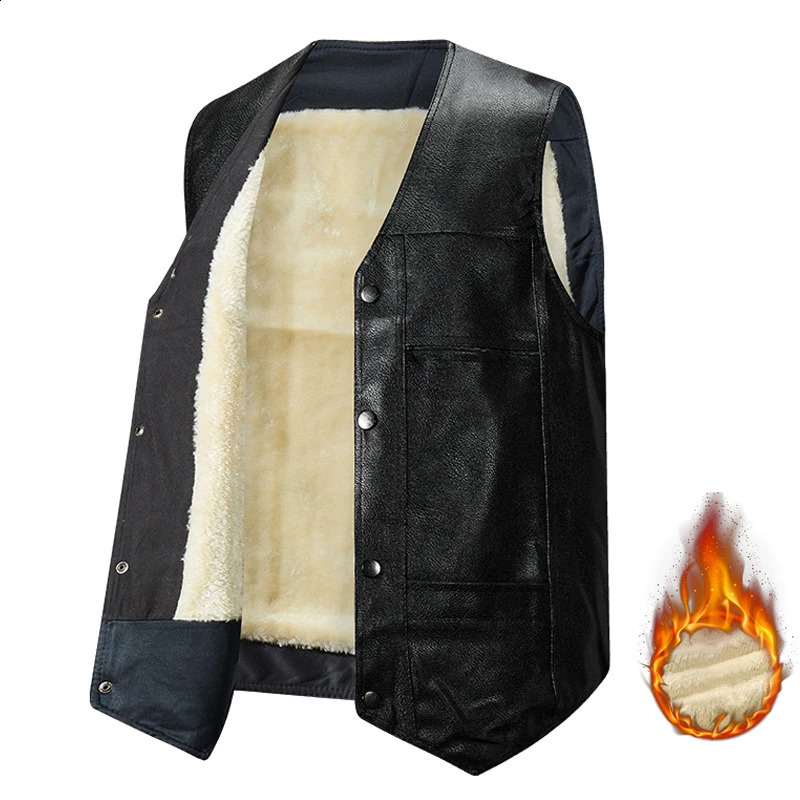 Leather Vest for Men Fleece Lined Jacket Autumn Winter Vest Coat Motorcycle Waistcoat Western Cowboy Mens Vintage Vest 260917